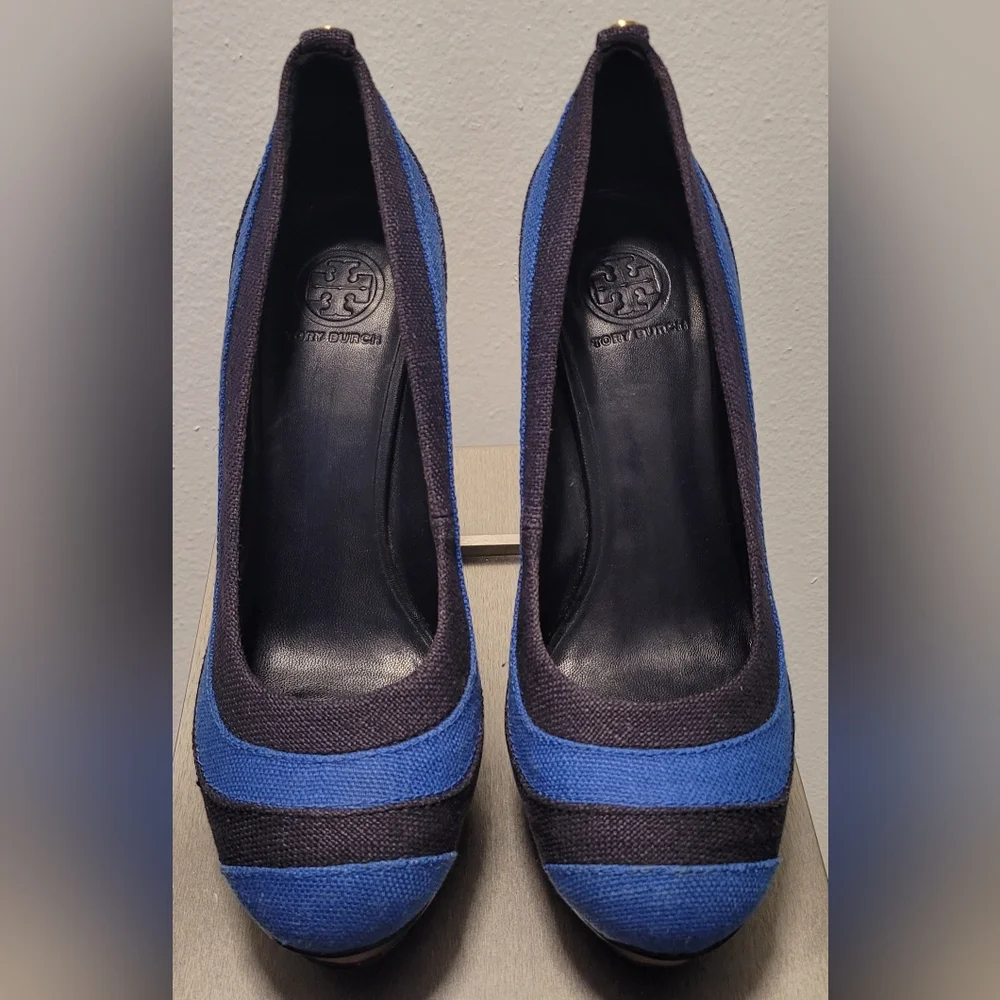 Tory Burch Black and Blue Wedges with Wooden Heel - Picture 4 of 9